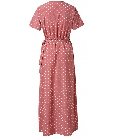 Split Dress Ladies Sexy Dress Polka Dot Print Dress Fashion Beach Skirt Short-Sleeved Dress - Pink - CW18UD97O8O $33.33 Tops