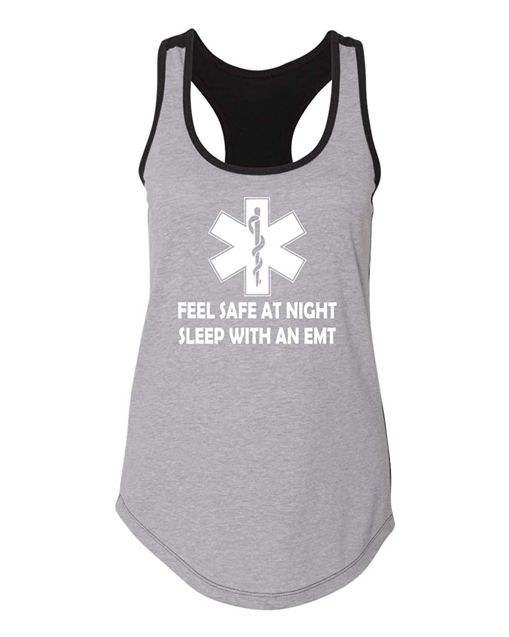 Ladies Feel Safe at Night Sleep with EMT Racerback - Heather Grey/Black With White Print - CZ18YEE00DQ $21.74 Tops