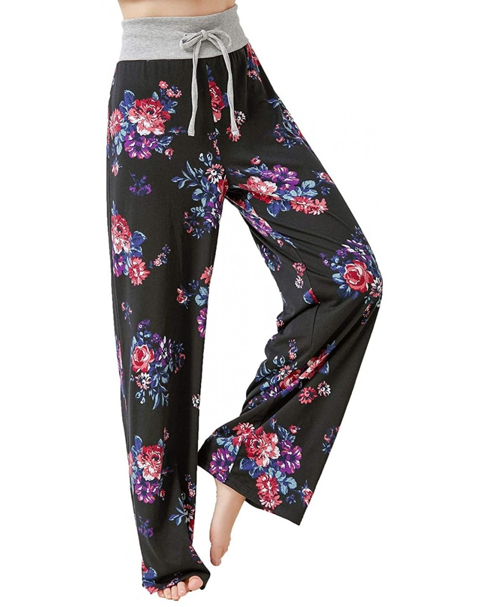 Women's Comfy Casual Pajama Pants Floral Print Wide Leg Palazzo Lounge Pants Drawstring Long PJ Bottoms - Black - C3198KRAZX0...