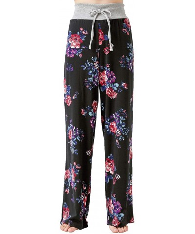 Women's Comfy Casual Pajama Pants Floral Print Wide Leg Palazzo Lounge Pants Drawstring Long PJ Bottoms - Black - C3198KRAZX0...