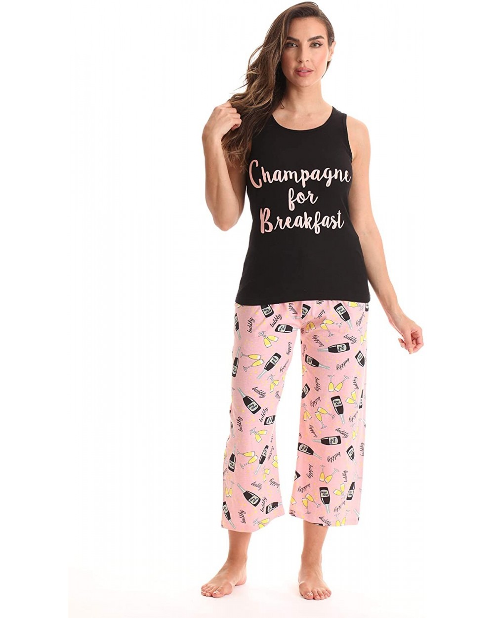 100% Cotton Capri Sets Women Sleepwear Womans Pajamas Pjs - Black - Champagne for Breakfast - C012O8LLLRJ $22.59 Sets