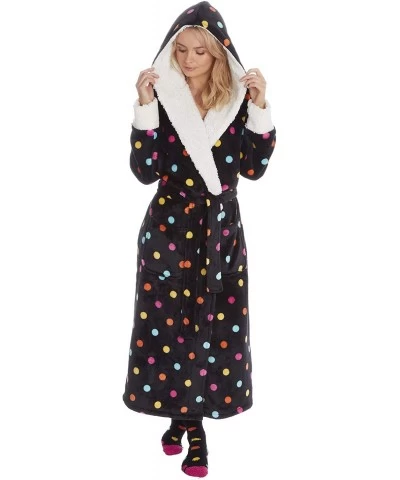 Ladies Long Length Luxury Shimmer Dressing Gown Fleece Hooded Robe Warm + Fluffy Socks - Black With Socks - CP18A4A758U $59.0...