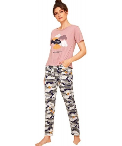 Women Casual Pajama Set Letter Graphic Short Sleeve Loungewear Sleepwear - Pink and Grey - CS19CEAAL73 $37.49 Sets