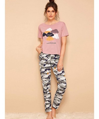 Women Casual Pajama Set Letter Graphic Short Sleeve Loungewear Sleepwear - Pink and Grey - CS19CEAAL73 $37.49 Sets