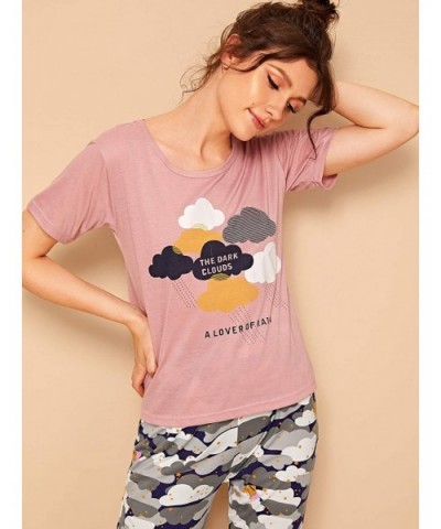 Women Casual Pajama Set Letter Graphic Short Sleeve Loungewear Sleepwear - Pink and Grey - CS19CEAAL73 $37.49 Sets