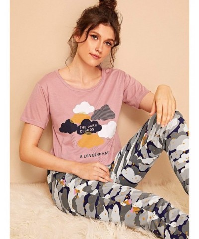 Women Casual Pajama Set Letter Graphic Short Sleeve Loungewear Sleepwear - Pink and Grey - CS19CEAAL73 $37.49 Sets