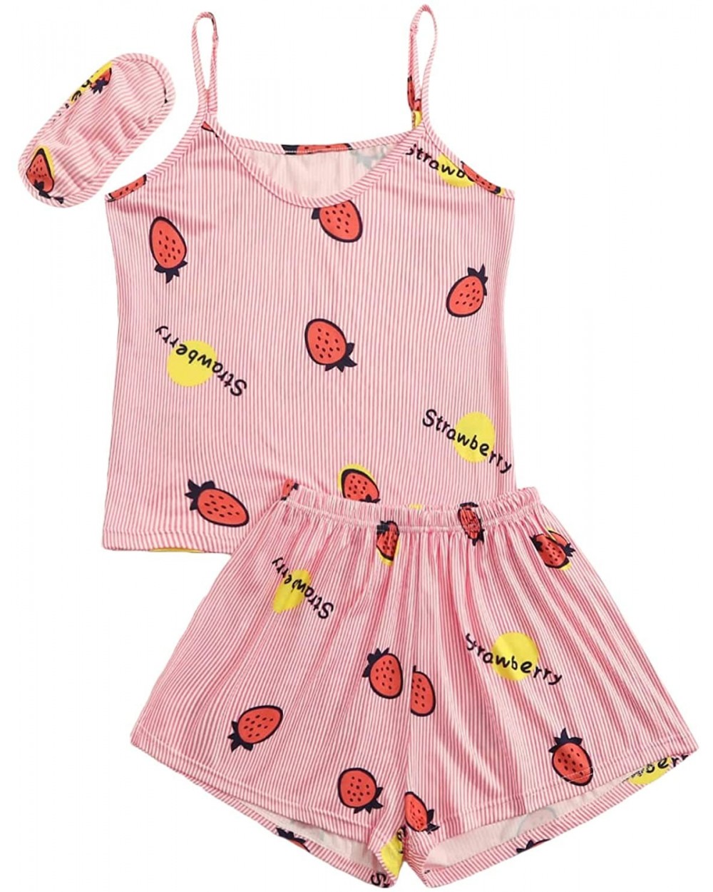 Women Cute Strawberry Stripe Print Pajamas Set Cami Shorts Sleepwear Nightwear - Pink - CA194SUEYIH $25.26 Sets