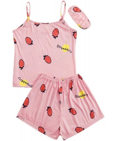 Women Cute Strawberry Stripe Print Pajamas Set Cami Shorts Sleepwear Nightwear - Pink - CA194SUEYIH $25.26 Sets