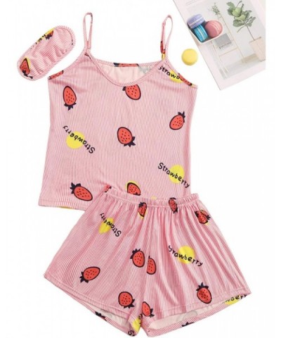 Women Cute Strawberry Stripe Print Pajamas Set Cami Shorts Sleepwear Nightwear - Pink - CA194SUEYIH $25.26 Sets