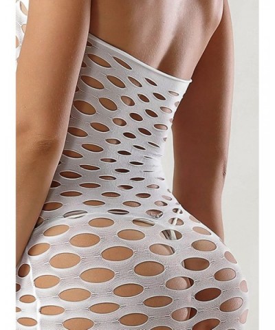 Women Sexy Strapless Fishnet Lingerie Babydoll Sleepwear Mini Dress Tube Chemise Mesh Teddy Bodysuit One Size - White - CH18H...