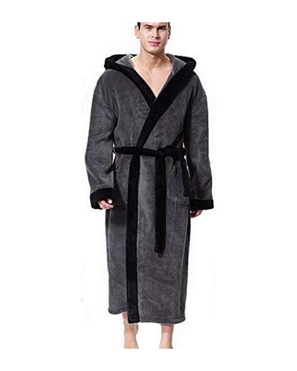 Men Winter Fleece Pockets Hooded Shawl Collar Kimono Spa Bathrobe - Gray - CB18ZTKE8QZ $57.83 Robes