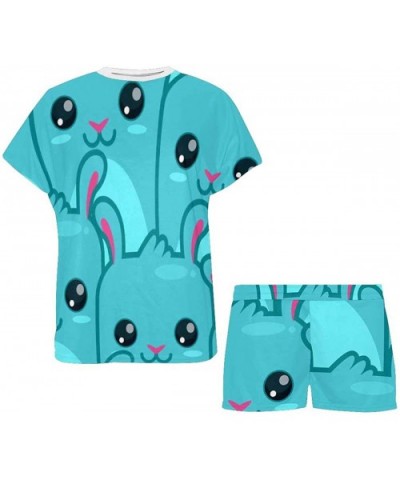 Blue Cartoon Rabbits Women's Round Neck Short Sleeve Shorts Pajama Set - Multi 1 - CJ19CG0N48Y $63.35 Sets