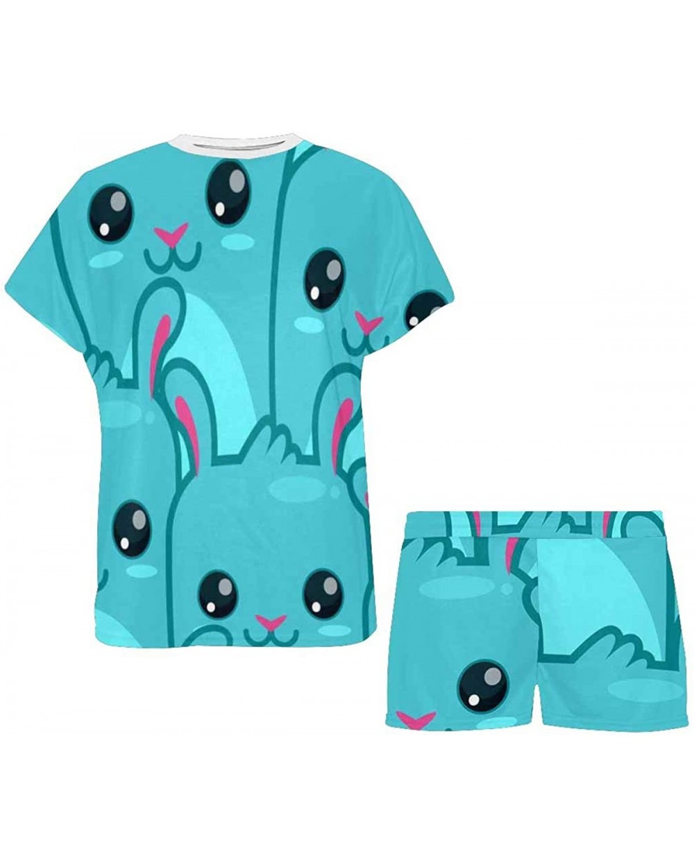 Blue Cartoon Rabbits Women's Round Neck Short Sleeve Shorts Pajama Set - Multi 1 - CJ19CG0N48Y $63.35 Sets