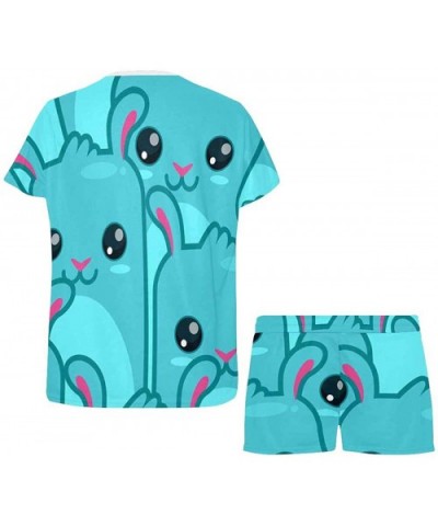 Blue Cartoon Rabbits Women's Round Neck Short Sleeve Shorts Pajama Set - Multi 1 - CJ19CG0N48Y $63.35 Sets