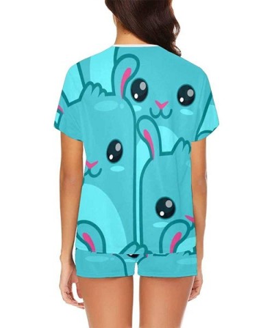 Blue Cartoon Rabbits Women's Round Neck Short Sleeve Shorts Pajama Set - Multi 1 - CJ19CG0N48Y $63.35 Sets