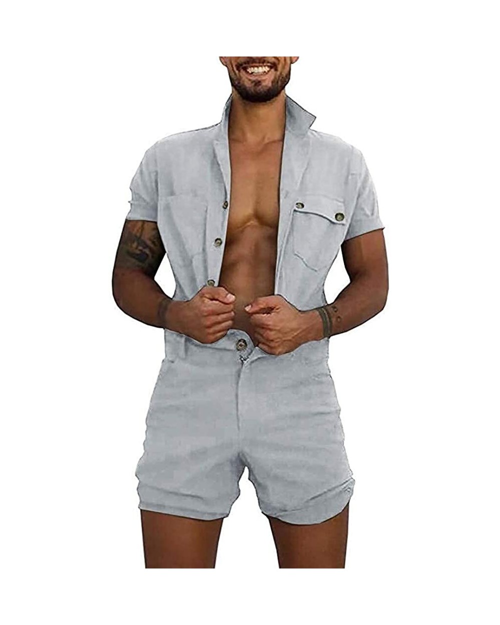 Men's Short-Sleeve Coverall Fashion Pure-Colour Large Size Button Pocket Jumpsuit - Gray - CA19CZ850YQ $43.31 Sleep Sets