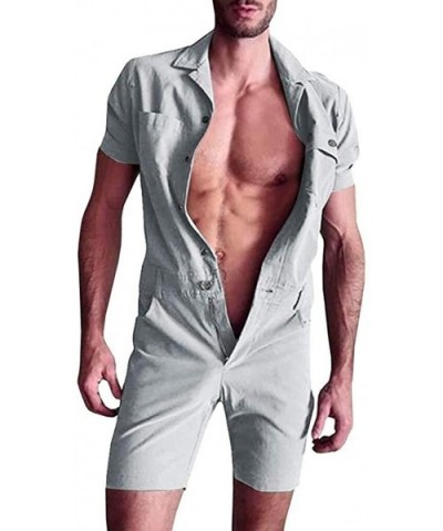 Men's Short-Sleeve Coverall Fashion Pure-Colour Large Size Button Pocket Jumpsuit - Gray - CA19CZ850YQ $43.31 Sleep Sets