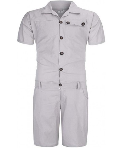 Men's Short-Sleeve Coverall Fashion Pure-Colour Large Size Button Pocket Jumpsuit - Gray - CA19CZ850YQ $43.31 Sleep Sets