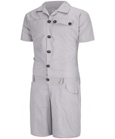 Men's Short-Sleeve Coverall Fashion Pure-Colour Large Size Button Pocket Jumpsuit - Gray - CA19CZ850YQ $43.31 Sleep Sets