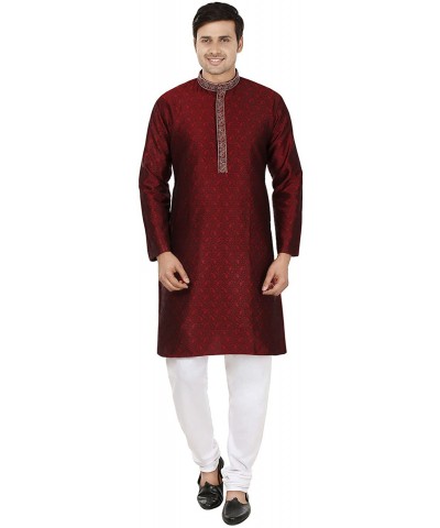 Cotton Men's Kurta Pajama Set Indian Party Wear - Maroon - CO12BJU87J7 $42.16 Sleep Sets