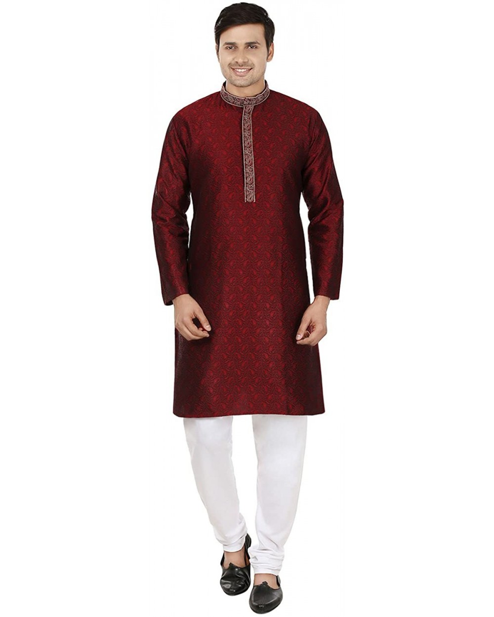 Cotton Men's Kurta Pajama Set Indian Party Wear - Maroon - CO12BJU87J7 $42.16 Sleep Sets