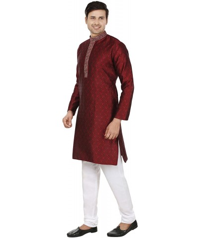 Cotton Men's Kurta Pajama Set Indian Party Wear - Maroon - CO12BJU87J7 $42.16 Sleep Sets