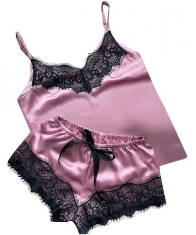 Women Pajamas Set Satin Lace Lingerie Silky Camisole Sleepwear Underwear Nightwear - Hot Pink - CE190354ZXS $24.09 Sets