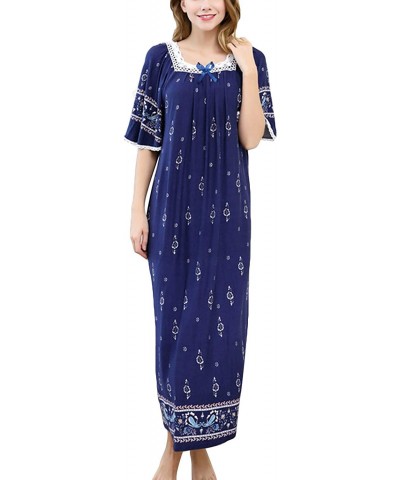 Women's Floral Long Nightgown Short Sleeves Loose Fit Nighty Cotton Soft Sleep Dress - Navy - C318WQWD5MG $51.79 Nightgowns &...