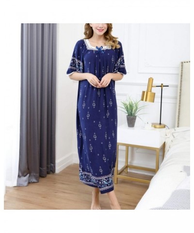 Women's Floral Long Nightgown Short Sleeves Loose Fit Nighty Cotton Soft Sleep Dress - Navy - C318WQWD5MG $51.79 Nightgowns &...