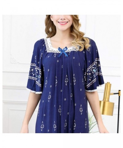 Women's Floral Long Nightgown Short Sleeves Loose Fit Nighty Cotton Soft Sleep Dress - Navy - C318WQWD5MG $51.79 Nightgowns &...