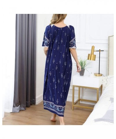 Women's Floral Long Nightgown Short Sleeves Loose Fit Nighty Cotton Soft Sleep Dress - Navy - C318WQWD5MG $51.79 Nightgowns &...