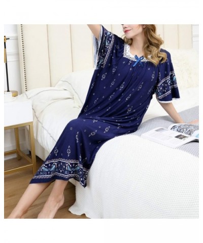 Women's Floral Long Nightgown Short Sleeves Loose Fit Nighty Cotton Soft Sleep Dress - Navy - C318WQWD5MG $51.79 Nightgowns &...