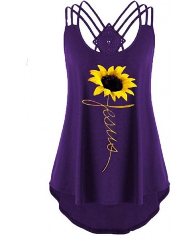 Women's Sleeveless Vest Summer Bandage Flower Print T-Shirt Top Casual Lace Vest - Purple - C018SSXIGI9 $21.96 Shapewear