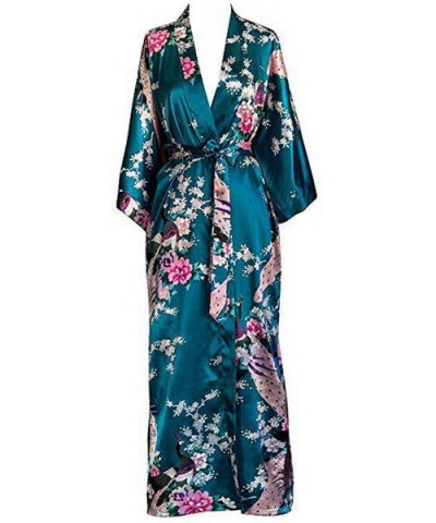 Women Long Robe Print Flower Peacock Kimono Bathrobe Gown Bride Bridesmaid Wedding Robes Sexy Sleepwear Dark Green a - CH194X...