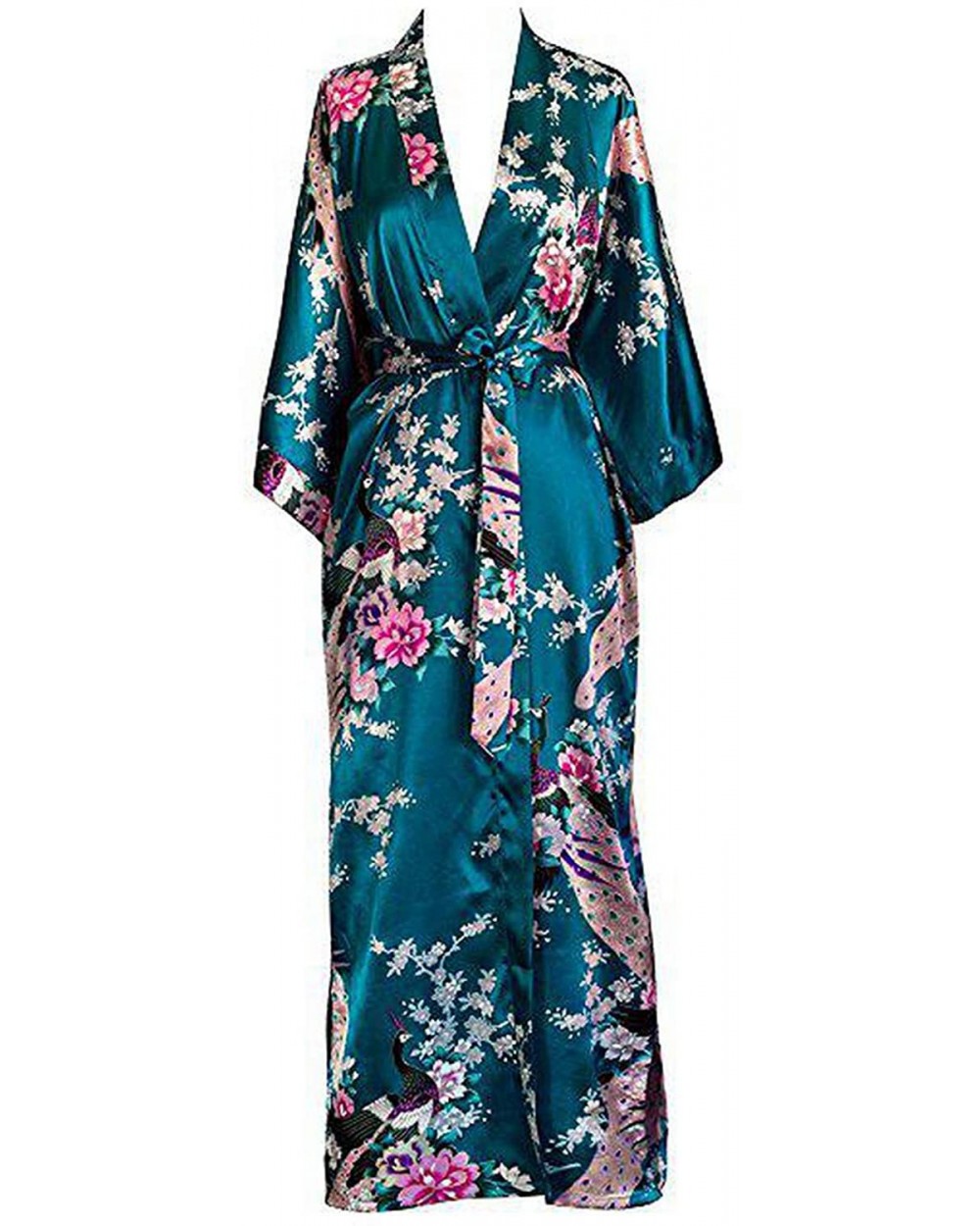 Women Long Robe Print Flower Peacock Kimono Bathrobe Gown Bride Bridesmaid Wedding Robes Sexy Sleepwear Dark Green a - CH194X...