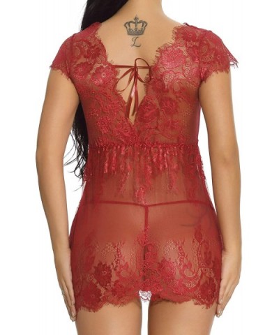 Women Plus Size Lace Babydoll Lingerie V Neck Nightwear for Women - Burgundy - CH198CXTK8Y $23.42 Baby Dolls & Chemises