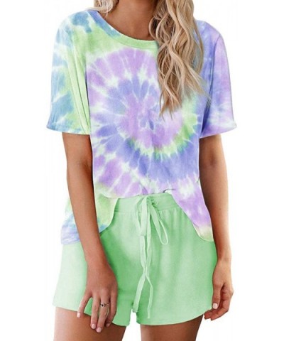 Tie-dye Loungewear Sleepwear Shorts Sets Summer Short Sleeve O Neck Pajamas Set - E-green - CO19CQ2L3SG $44.46 Sets