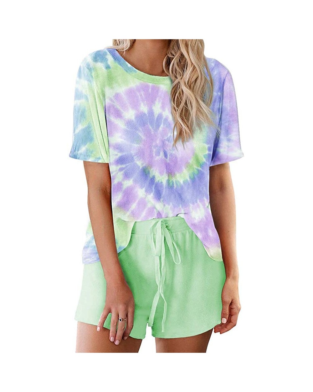 Tie-dye Loungewear Sleepwear Shorts Sets Summer Short Sleeve O Neck Pajamas Set - E-green - CO19CQ2L3SG $44.46 Sets