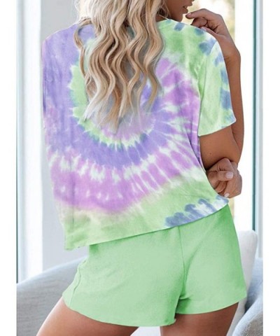 Tie-dye Loungewear Sleepwear Shorts Sets Summer Short Sleeve O Neck Pajamas Set - E-green - CO19CQ2L3SG $44.46 Sets