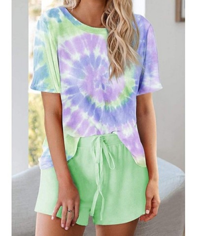 Tie-dye Loungewear Sleepwear Shorts Sets Summer Short Sleeve O Neck Pajamas Set - E-green - CO19CQ2L3SG $44.46 Sets