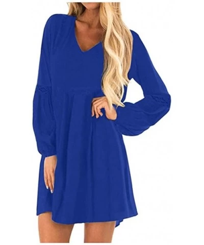 Womens V-Neck Dress Casual Solid Color Long Sleeve Loose Hem A-Line Dresses - Blue - CI193NQ23M7 $25.16 Garters & Garter Belts