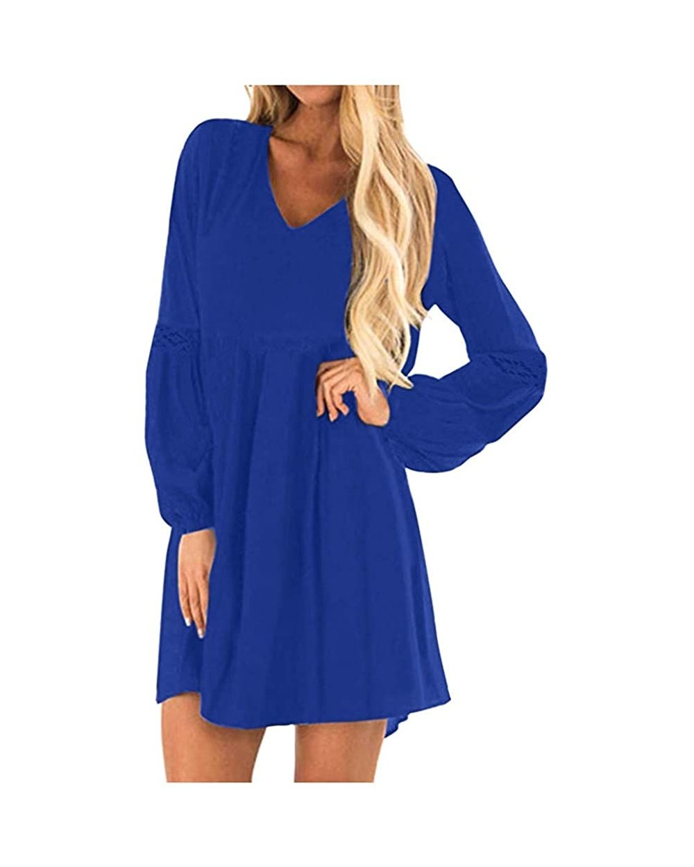 Womens V-Neck Dress Casual Solid Color Long Sleeve Loose Hem A-Line Dresses - Blue - CI193NQ23M7 $25.16 Garters & Garter Belts