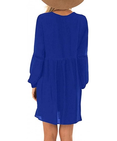 Womens V-Neck Dress Casual Solid Color Long Sleeve Loose Hem A-Line Dresses - Blue - CI193NQ23M7 $25.16 Garters & Garter Belts