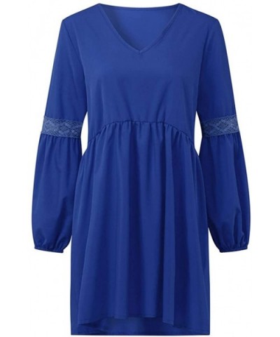 Womens V-Neck Dress Casual Solid Color Long Sleeve Loose Hem A-Line Dresses - Blue - CI193NQ23M7 $25.16 Garters & Garter Belts