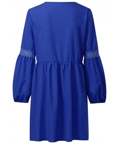 Womens V-Neck Dress Casual Solid Color Long Sleeve Loose Hem A-Line Dresses - Blue - CI193NQ23M7 $25.16 Garters & Garter Belts