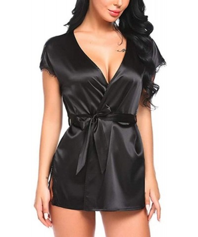 Women Satin Kimono Robe Lingerie Split Short Sleepwear with Belt - Black - CO196XU2U37 $24.67 Robes