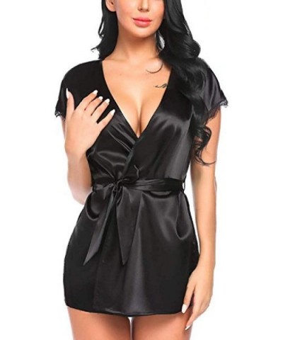 Women Satin Kimono Robe Lingerie Split Short Sleepwear with Belt - Black - CO196XU2U37 $24.67 Robes