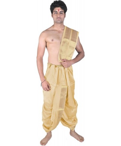 Dhoti and Angavastram Set with Wide Golden Border (Ready to Wear) - Alabaster Gleam - CM17Z4YYZIN $60.56 Sleep Sets