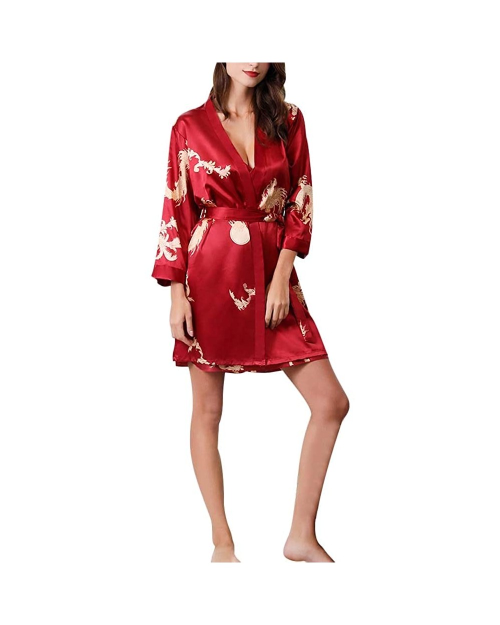 Womens & Mens Bathrobes 2pcs Sleepwear Sets Couples Silk Forged Robe - Womens Red - CX19706IQEG $50.08 Robes