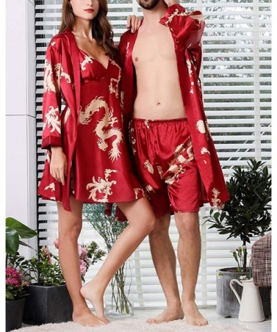 Womens & Mens Bathrobes 2pcs Sleepwear Sets Couples Silk Forged Robe - Womens Red - CX19706IQEG $50.08 Robes